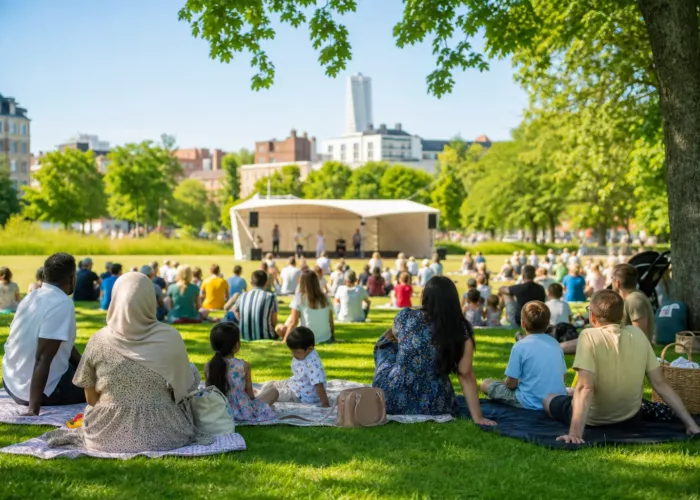 Familjer och resenärer vid ett kostnadsfritt utomhusevenemang i Malmö