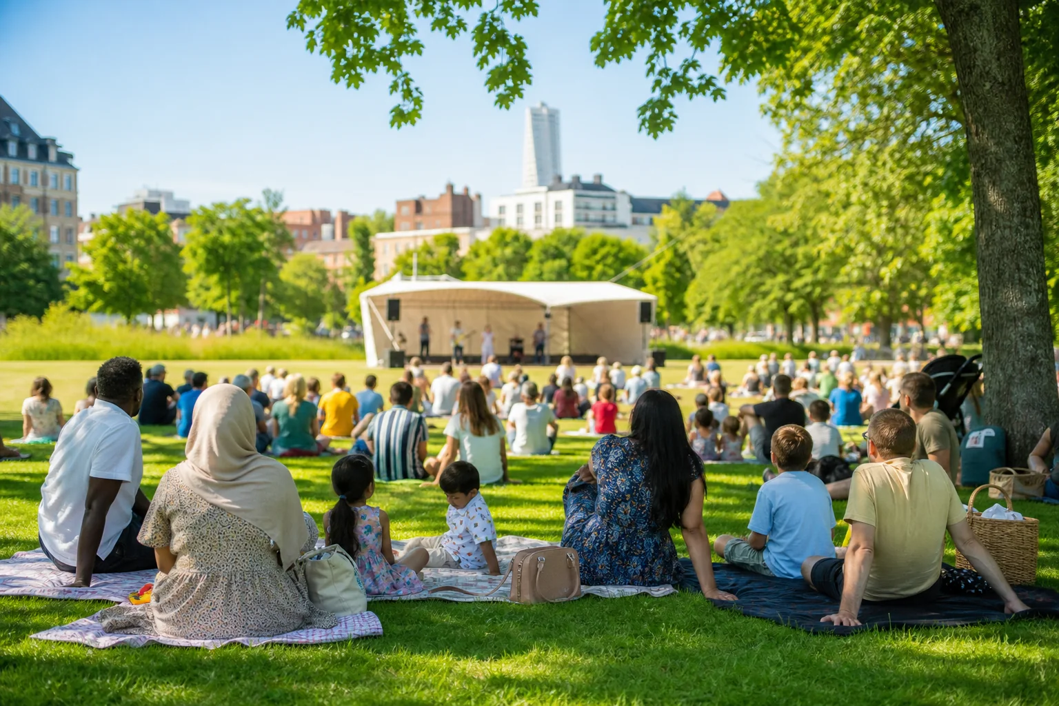 Familjer och resenärer vid ett kostnadsfritt utomhusevenemang i Malmö