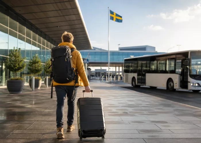 Backpacker arriving at a Swedish airport near an airport bus
