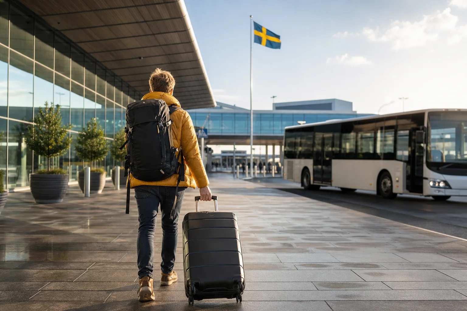 Backpacker arriving at a Swedish airport near an airport bus