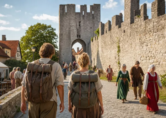 Resenärer vid Visby ringmur under Medeltidsveckan 2026
