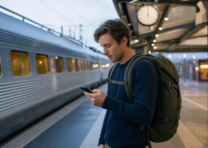 Resenär med ryggsäck som kontrollerar mobilen på en svensk tågstation