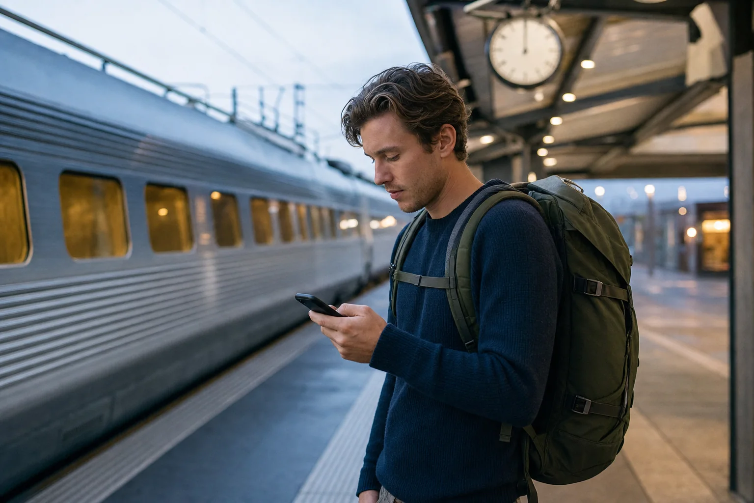 Resenär med ryggsäck som kontrollerar mobilen på en svensk tågstation