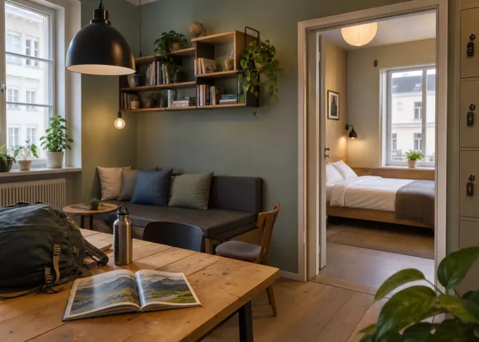 Skandinaviskt vandrarhem med gemensamt rum och privat sovrum