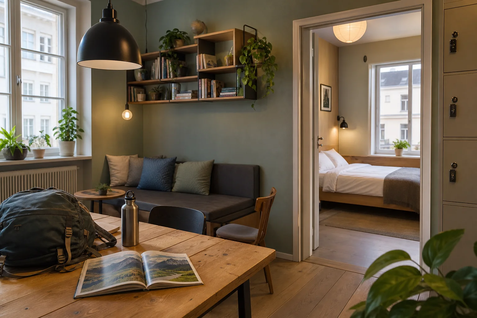 Skandinaviskt vandrarhem med gemensamt rum och privat sovrum