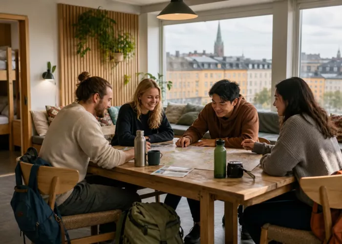 Travellers planning an affordable Sweden trip in a modern hostel common room