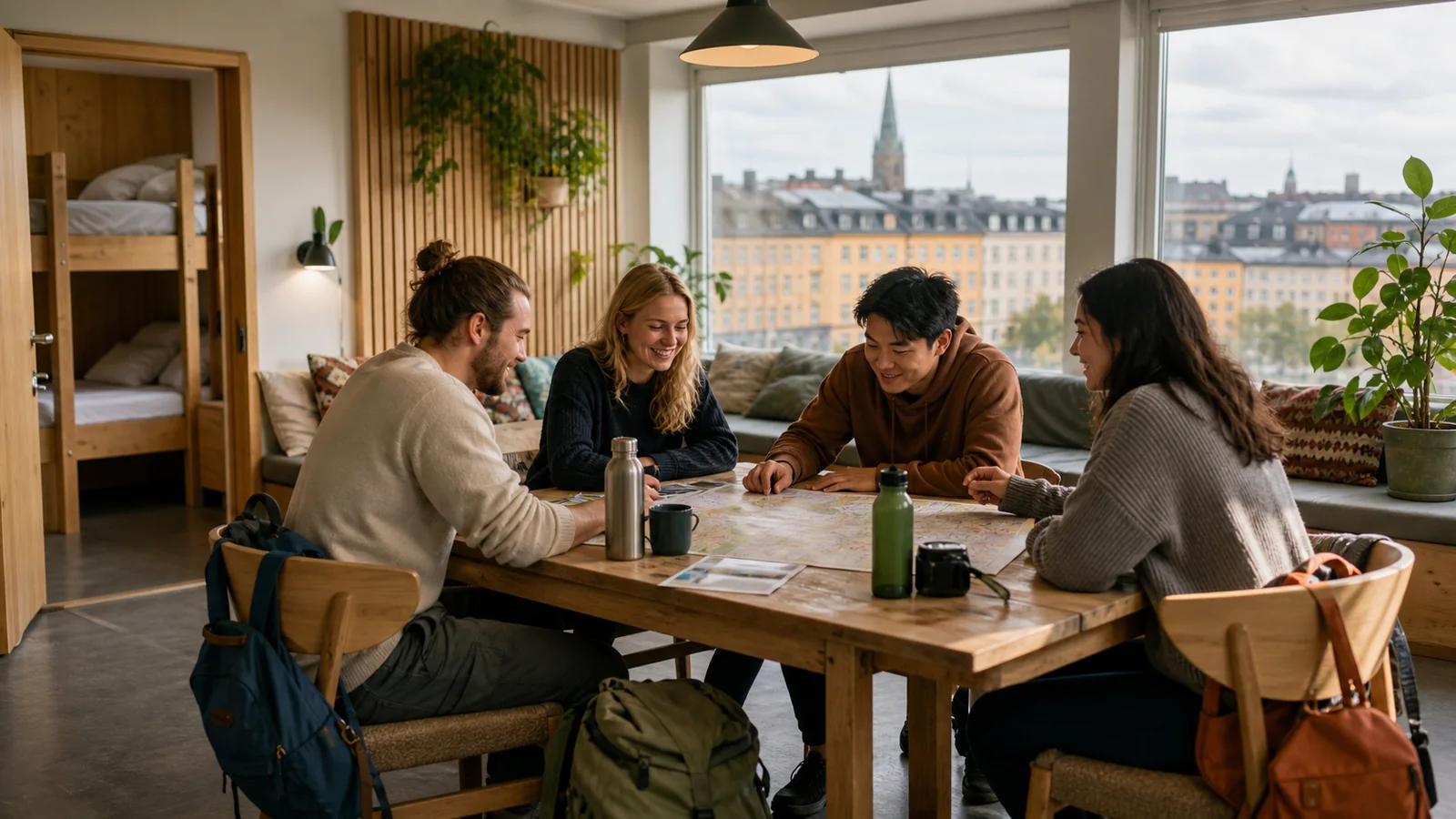 Travellers planning an affordable Sweden trip in a modern hostel common room