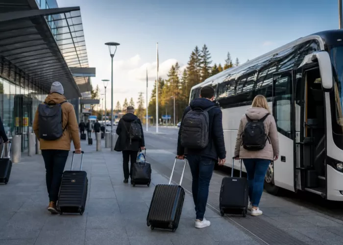 Budget travellers boarding a coach at Gothenburg Landvetter Airport