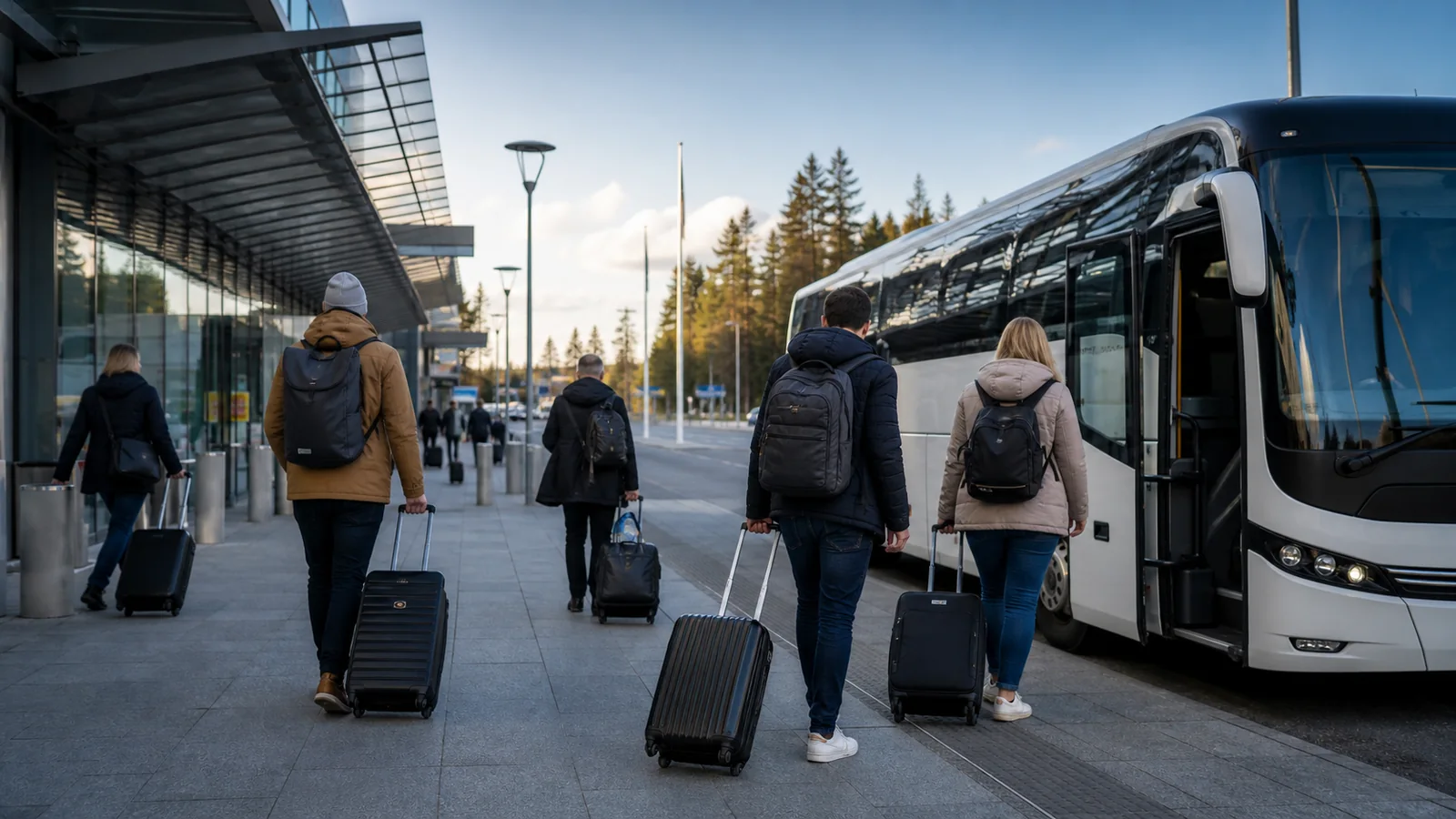 Budget travellers boarding a coach at Gothenburg Landvetter Airport