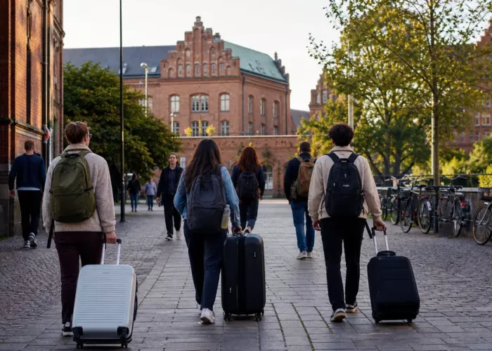 International students arriving in Lund with luggage for university orientation