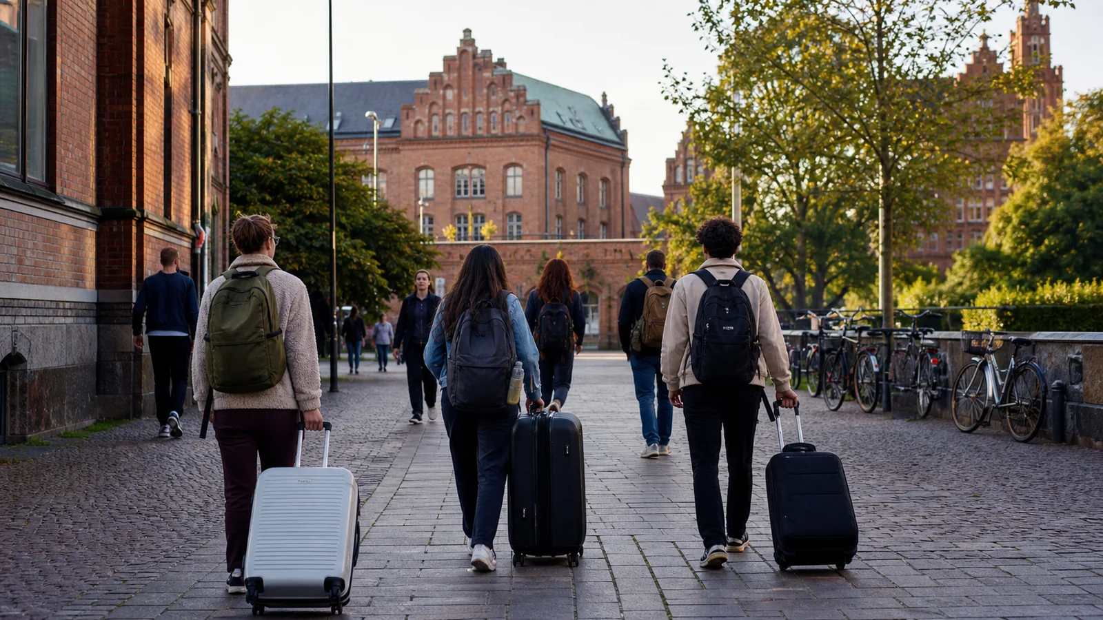 International students arriving in Lund with luggage for university orientation