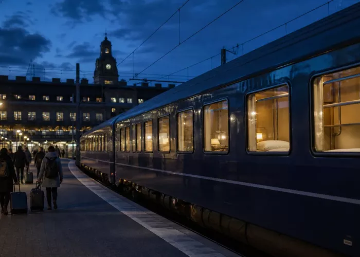 Nattåg vid en svensk station med resenärer på väg mot Tyskland