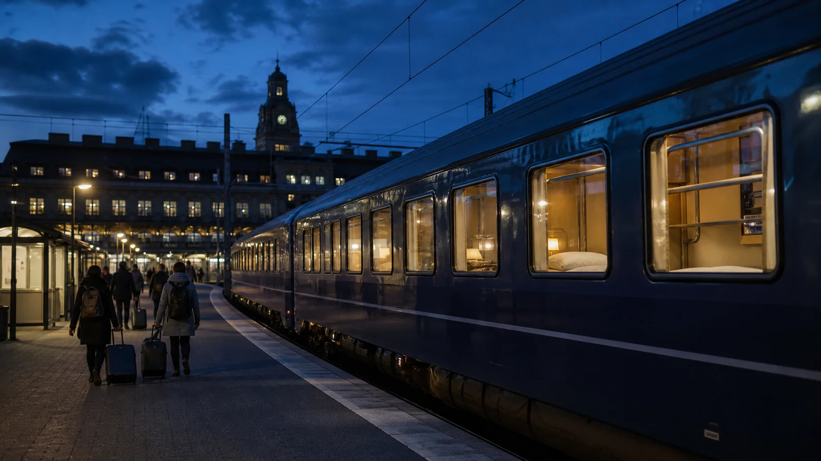 Nattåg vid en svensk station med resenärer på väg mot Tyskland