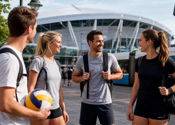 Volleybollbesökare med ryggsäckar utanför en arena i Göteborg