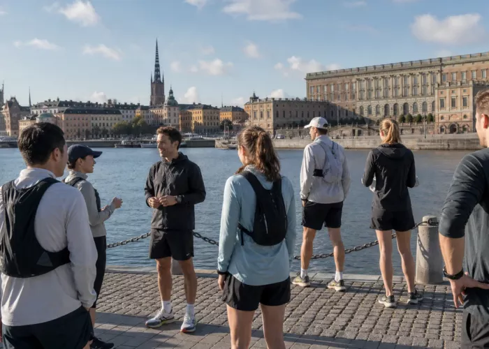 Löpare med små ryggsäckar vid Stockholms centrala vatten inför ett halvmaraton