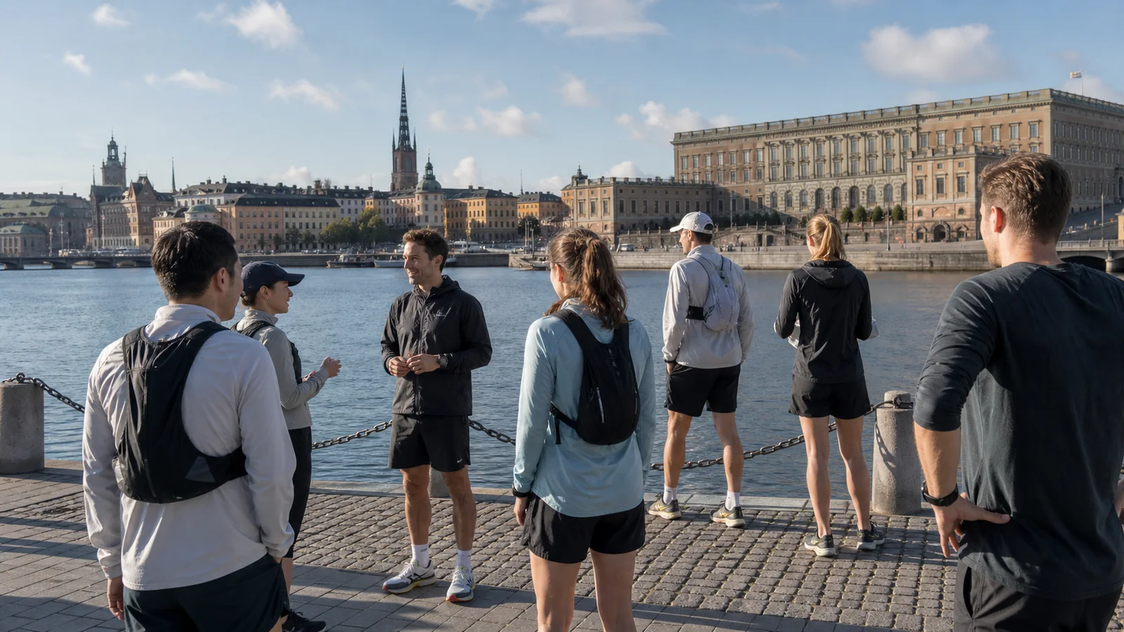 Löpare med små ryggsäckar vid Stockholms centrala vatten inför ett halvmaraton
