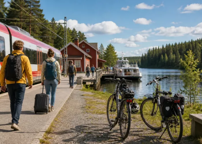 Car-free travellers combining train, bicycle and ferry in Sweden