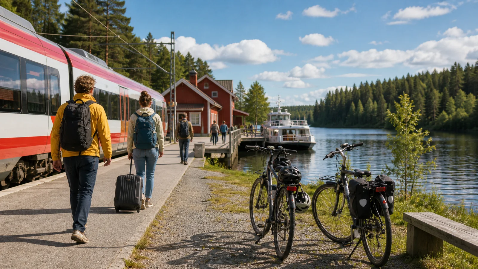 Car-free travellers combining train, bicycle and ferry in Sweden