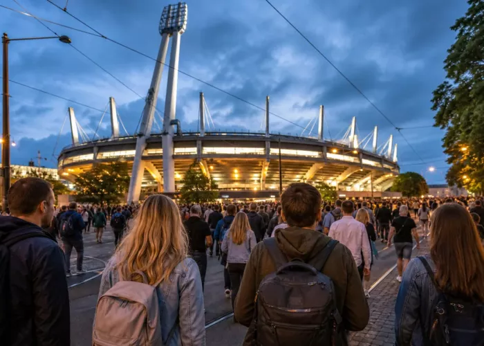 Konsertbesökare med ryggsäckar på väg mot en stor arena i Göteborg