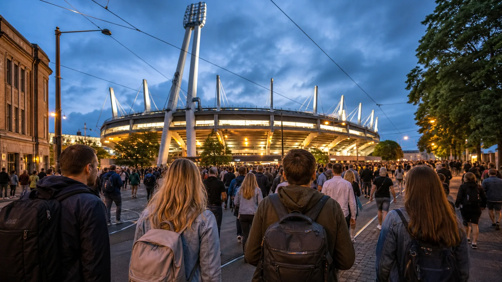 Konsertbesökare med ryggsäckar på väg mot en stor arena i Göteborg