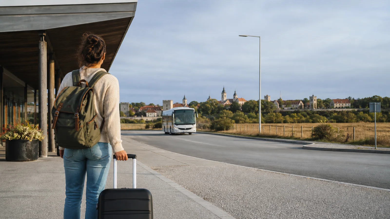 Budget traveller waiting for ground transport from Visby Airport toward Visby